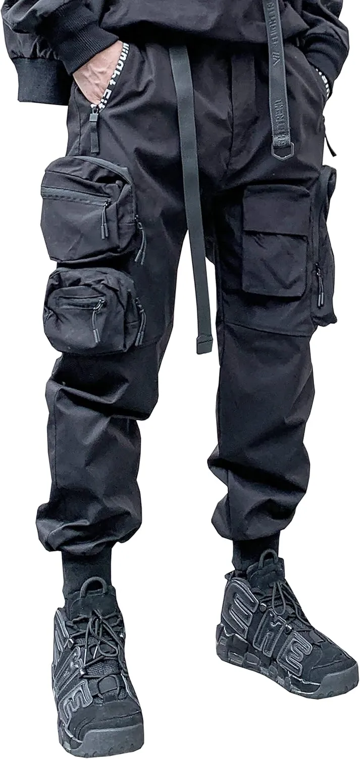 MOKEWEN Men's Women Big Pockets Streetwear Techwear Jogging Cargo Combat Tactic Ankle Pants Black W 34-35