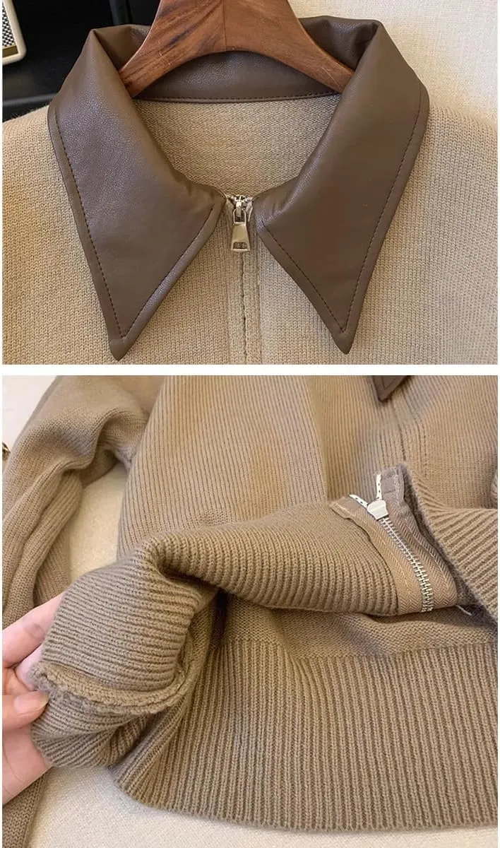 MOLERFO Cropped Cardigan Women Leather Collared Zip up Jacket Knit Sweater Aesthetic Cute Sweaters Fall 2024 Trendy