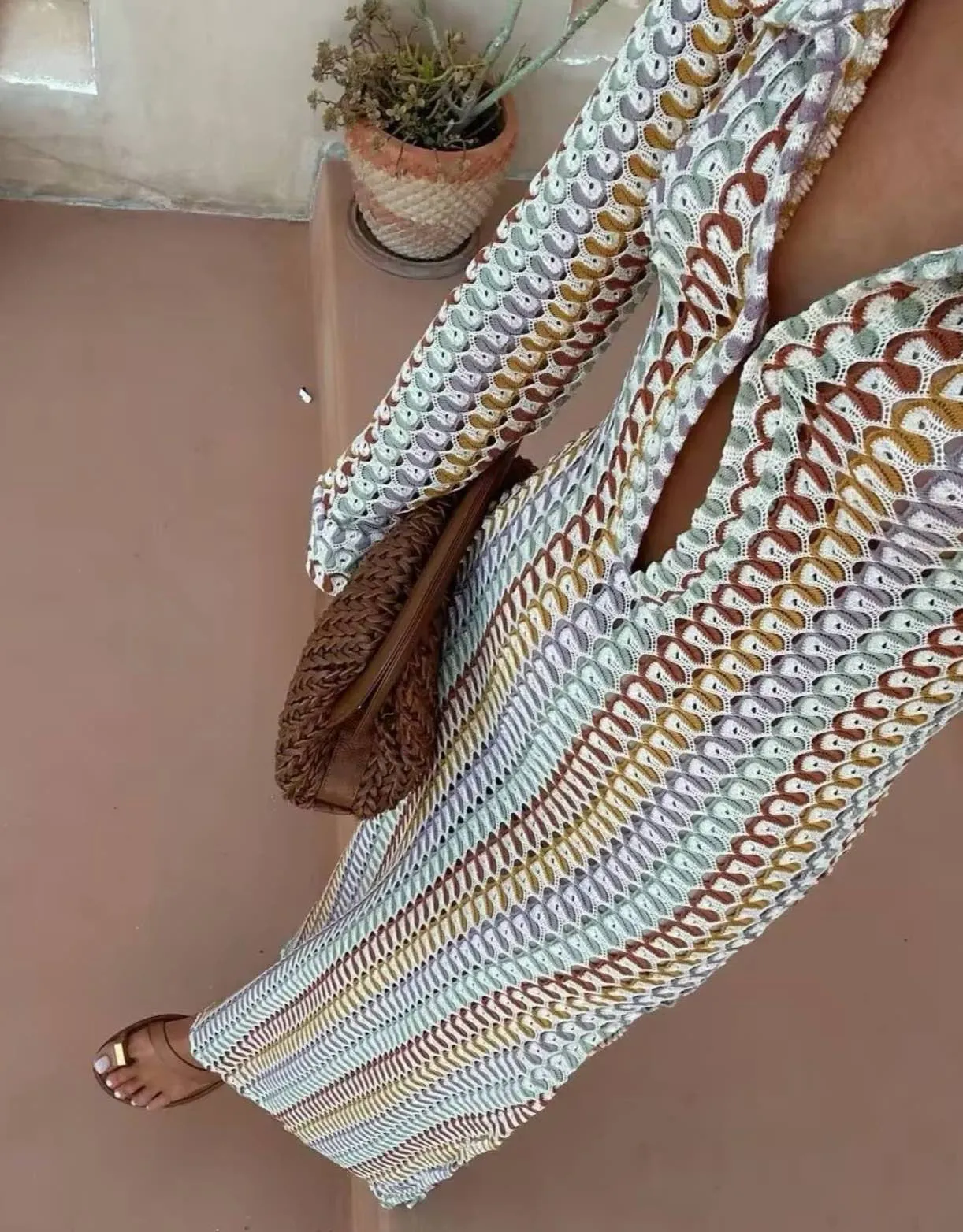 Multi Color Crochet Long Sleeve Dress