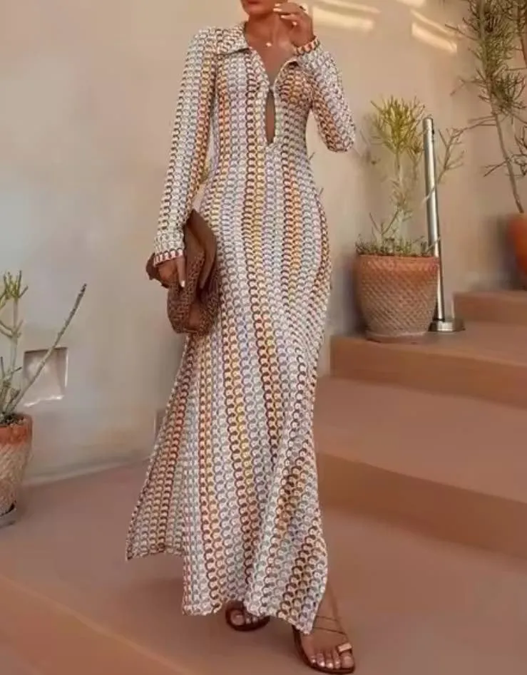 Multi Color Crochet Long Sleeve Dress