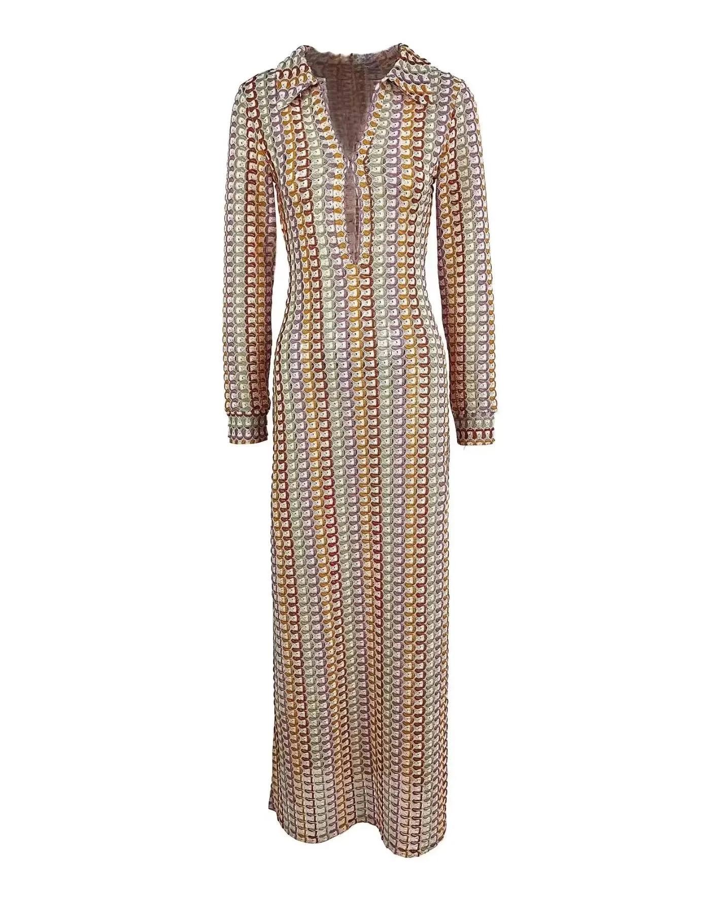 Multi Color Crochet Long Sleeve Dress