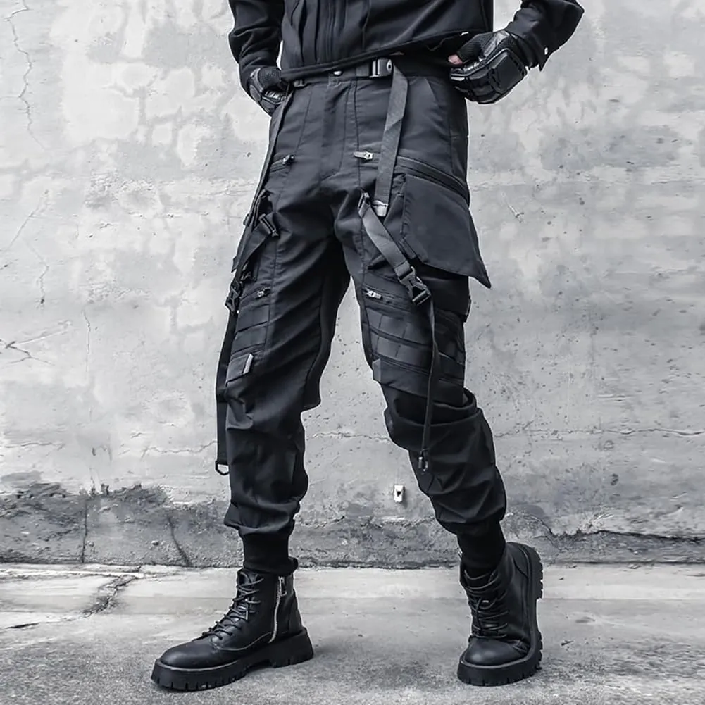 Multiple Pockets Punk Jogger Pants Men Streetwear Cargo Pants Black Tactical Techwear Male Hip Hop Trousers Ribbon