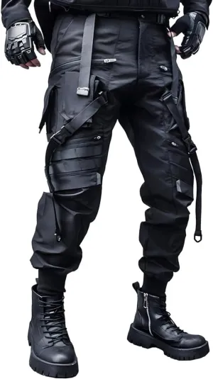Multiple Pockets Punk Jogger Pants Men Streetwear Cargo Pants Black Tactical Techwear Male Hip Hop Trousers Ribbon