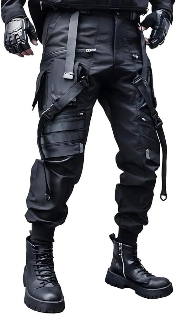 Multiple Pockets Punk Jogger Pants Men Streetwear Cargo Pants Black Tactical Techwear Male Hip Hop Trousers Ribbon