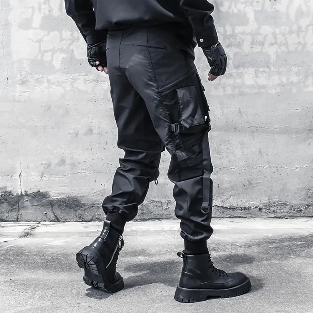 Multiple Pockets Punk Jogger Pants Men Streetwear Cargo Pants Black Tactical Techwear Male Hip Hop Trousers Ribbon