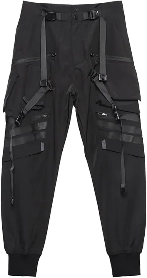Multiple Pockets Punk Jogger Pants Men Streetwear Cargo Pants Black Tactical Techwear Male Hip Hop Trousers Ribbon