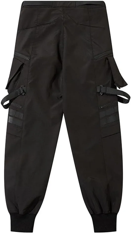 Multiple Pockets Punk Jogger Pants Men Streetwear Cargo Pants Black Tactical Techwear Male Hip Hop Trousers Ribbon