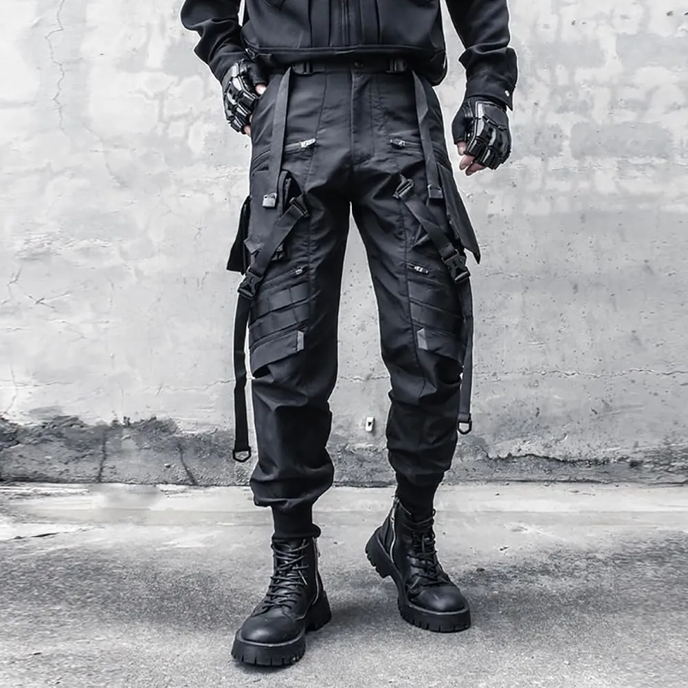 Multiple Pockets Punk Jogger Pants Men Streetwear Cargo Pants Black Tactical Techwear Male Hip Hop Trousers Ribbon