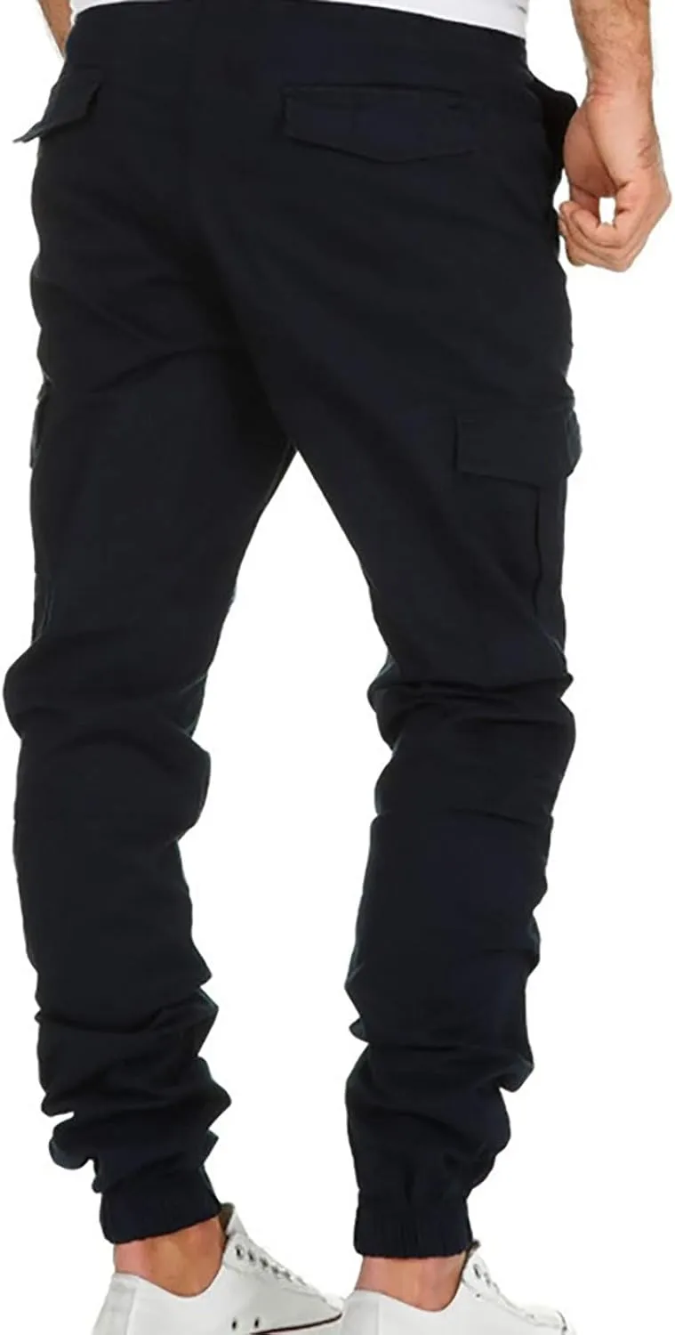 Muscularfit Hiking Pants for Men 2203 Drawstring Elastic Waist Slacks Tapered Multi Pockets Cargo Pants Casual Solid Trousers