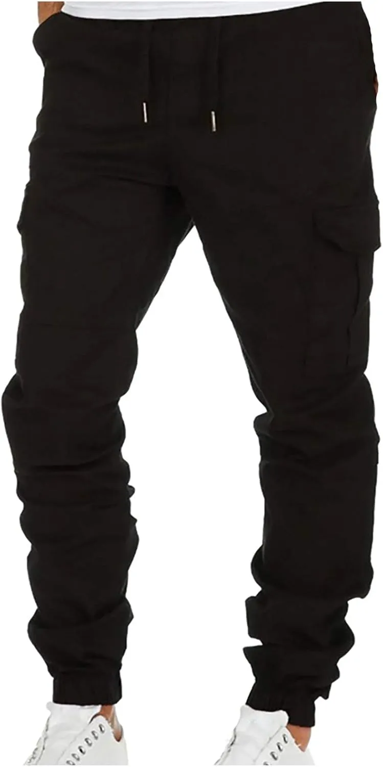 Muscularfit Hiking Pants for Men 2203 Drawstring Elastic Waist Slacks Tapered Multi Pockets Cargo Pants Casual Solid Trousers