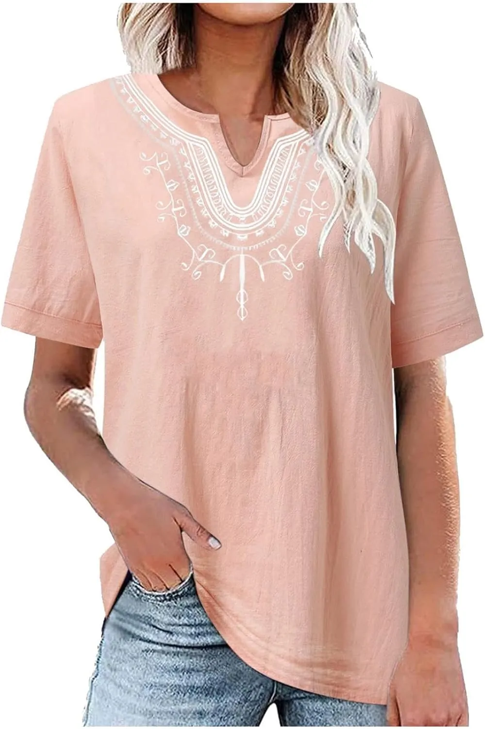 Mzkdieey Women's Embroidered Blouse Cotton Linen Short Sleeve Peasant Boho Tunic Tops Casual Notch V Neck Loose Fit T-Shirt