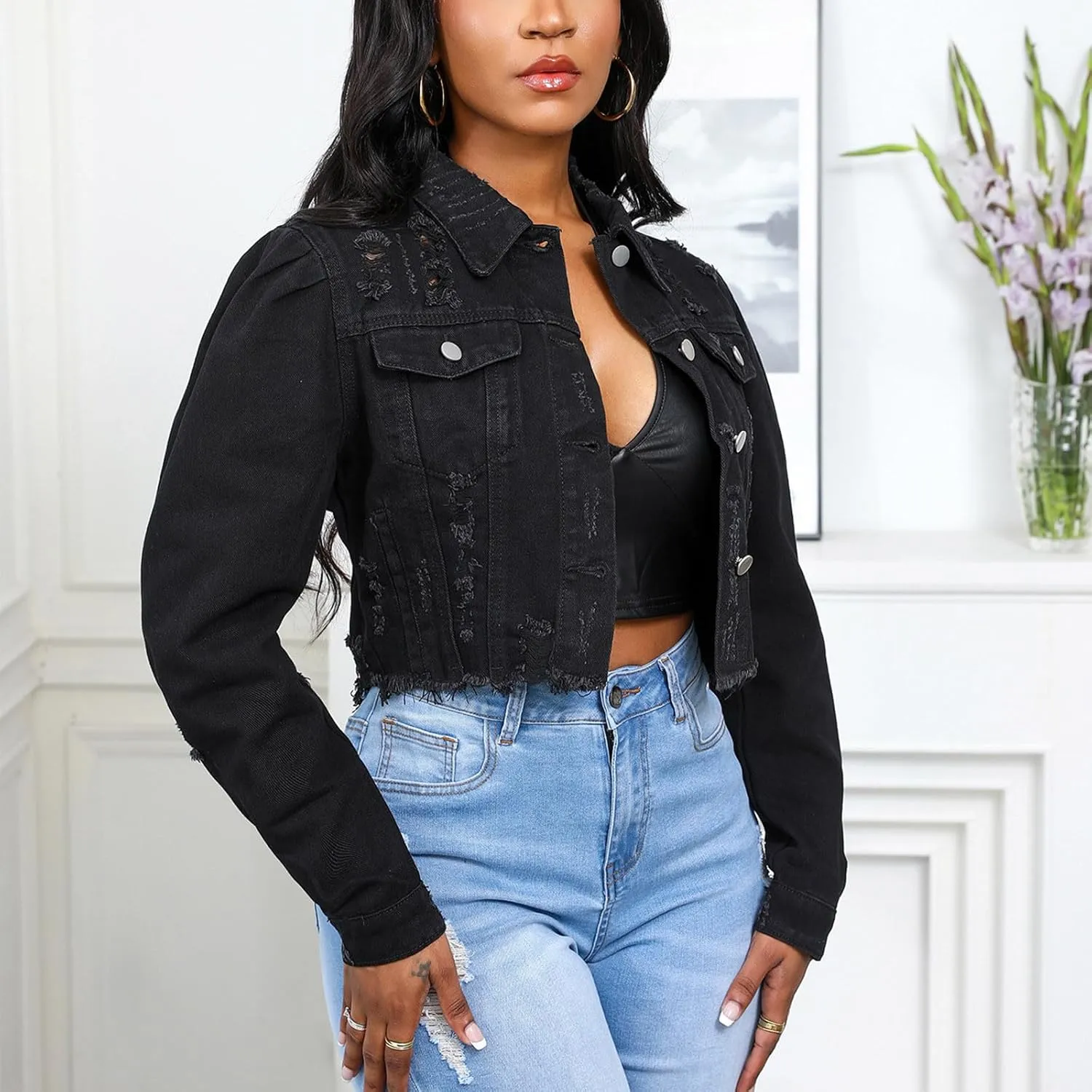 Mzkdieey Women's Ripped Raw Hem Cropped Denim Jacket Lapel Long Sleeve Button Down Distressed Frayed Jean Jackets