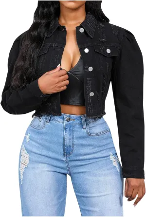 Mzkdieey Women's Ripped Raw Hem Cropped Denim Jacket Lapel Long Sleeve Button Down Distressed Frayed Jean Jackets