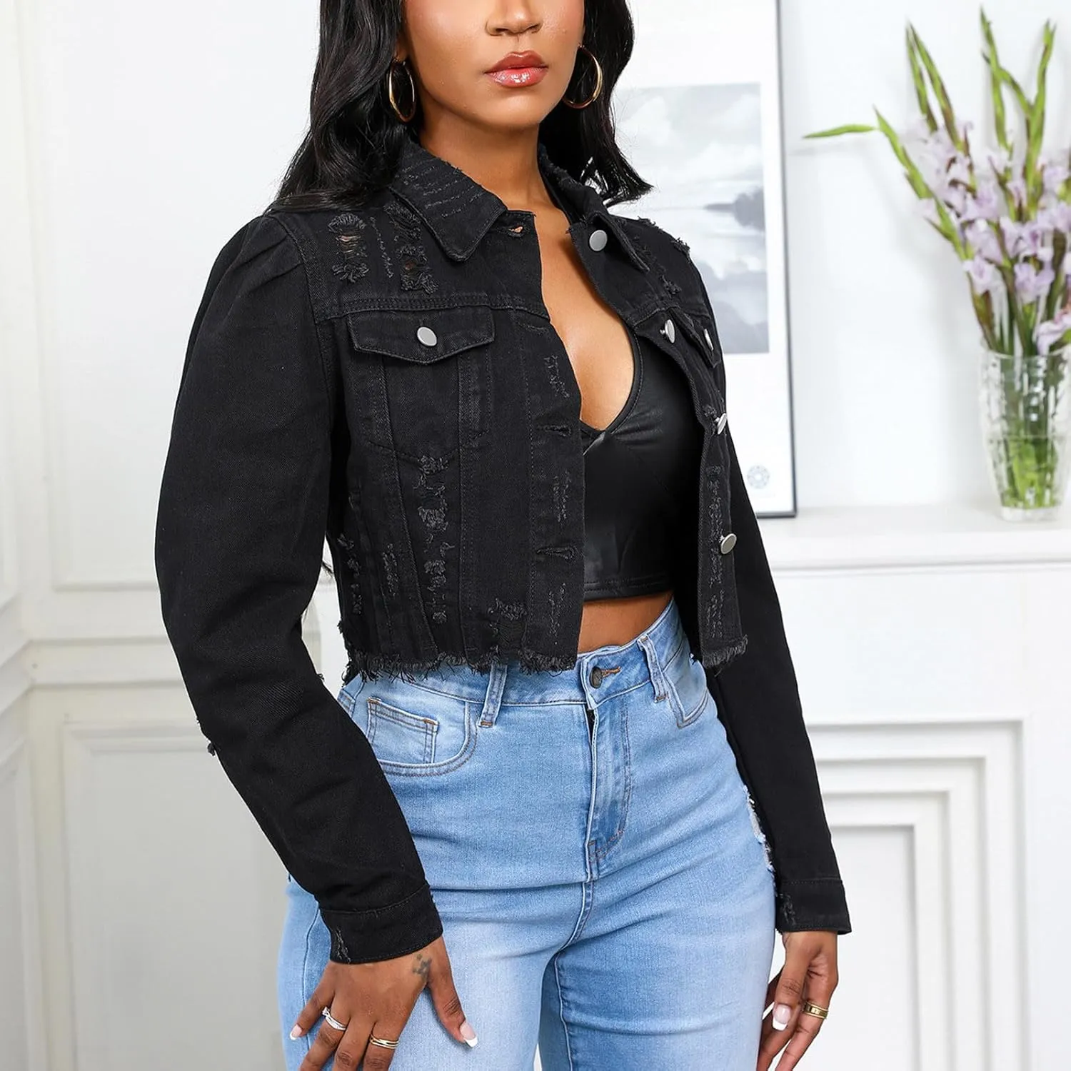 Mzkdieey Women's Ripped Raw Hem Cropped Denim Jacket Lapel Long Sleeve Button Down Distressed Frayed Jean Jackets