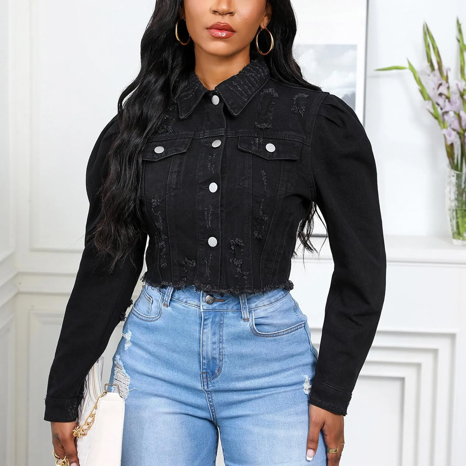 Mzkdieey Women's Ripped Raw Hem Cropped Denim Jacket Lapel Long Sleeve Button Down Distressed Frayed Jean Jackets