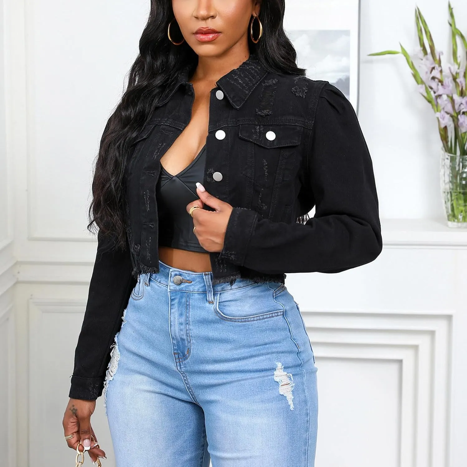 Mzkdieey Women's Ripped Raw Hem Cropped Denim Jacket Lapel Long Sleeve Button Down Distressed Frayed Jean Jackets