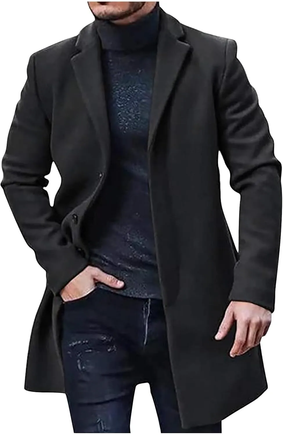 NATHGAM Men's Single Breasted Trench Coat Winter Warm Pea Coat Warm Lapel Slim Fit Botton Down Work Business Jacket Outerwear