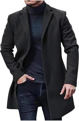 NATHGAM Men's Single Breasted Trench Coat Winter Warm Pea Coat Warm Lapel Slim Fit Botton Down Work Business Jacket Outerwear