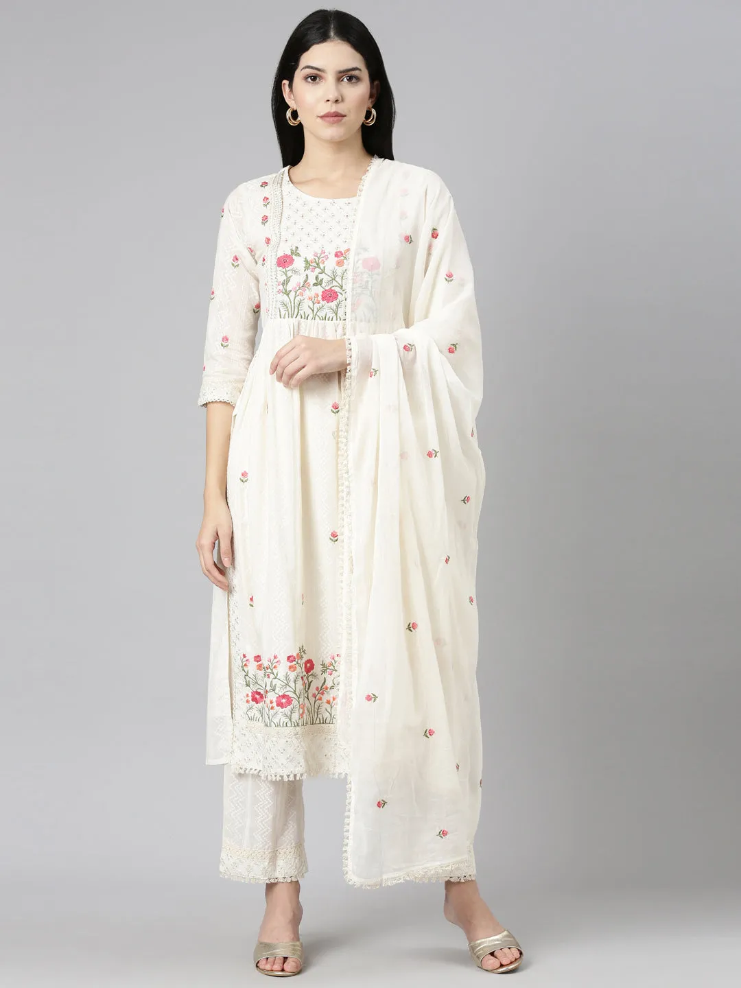 Neeru's Cream Regular Straight Embroidered Readymade suits