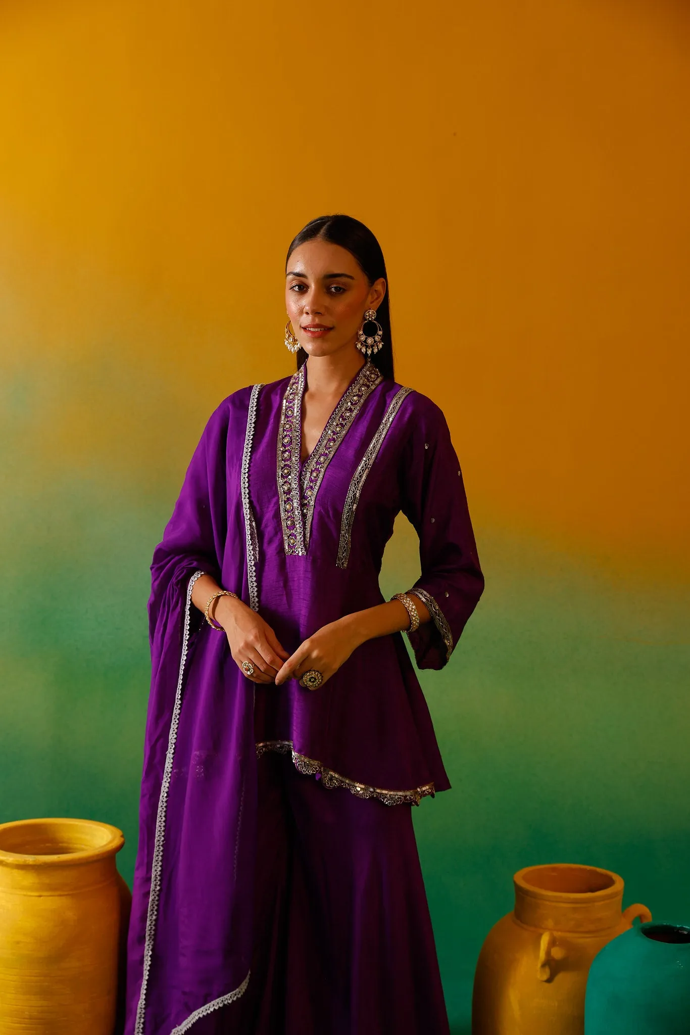 Neerus Purple Embroidery Silk fabric Kurti and plazzo with Dupatta