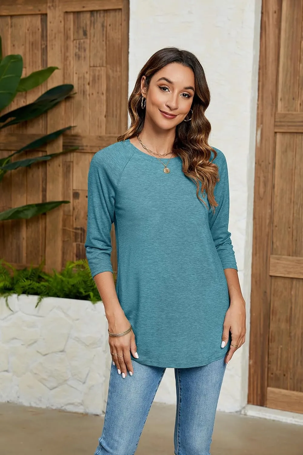 Newchoice Womens 3/4 Length Sleeve Tops Casual Round Neck Basic Tunic Shirts Loose Fit