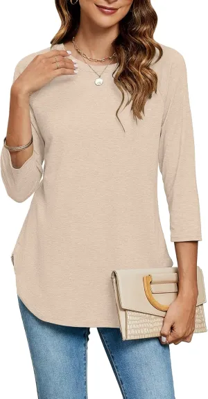 Newchoice Womens 3/4 Length Sleeve Tops Casual Round Neck Basic Tunic Shirts Loose Fit