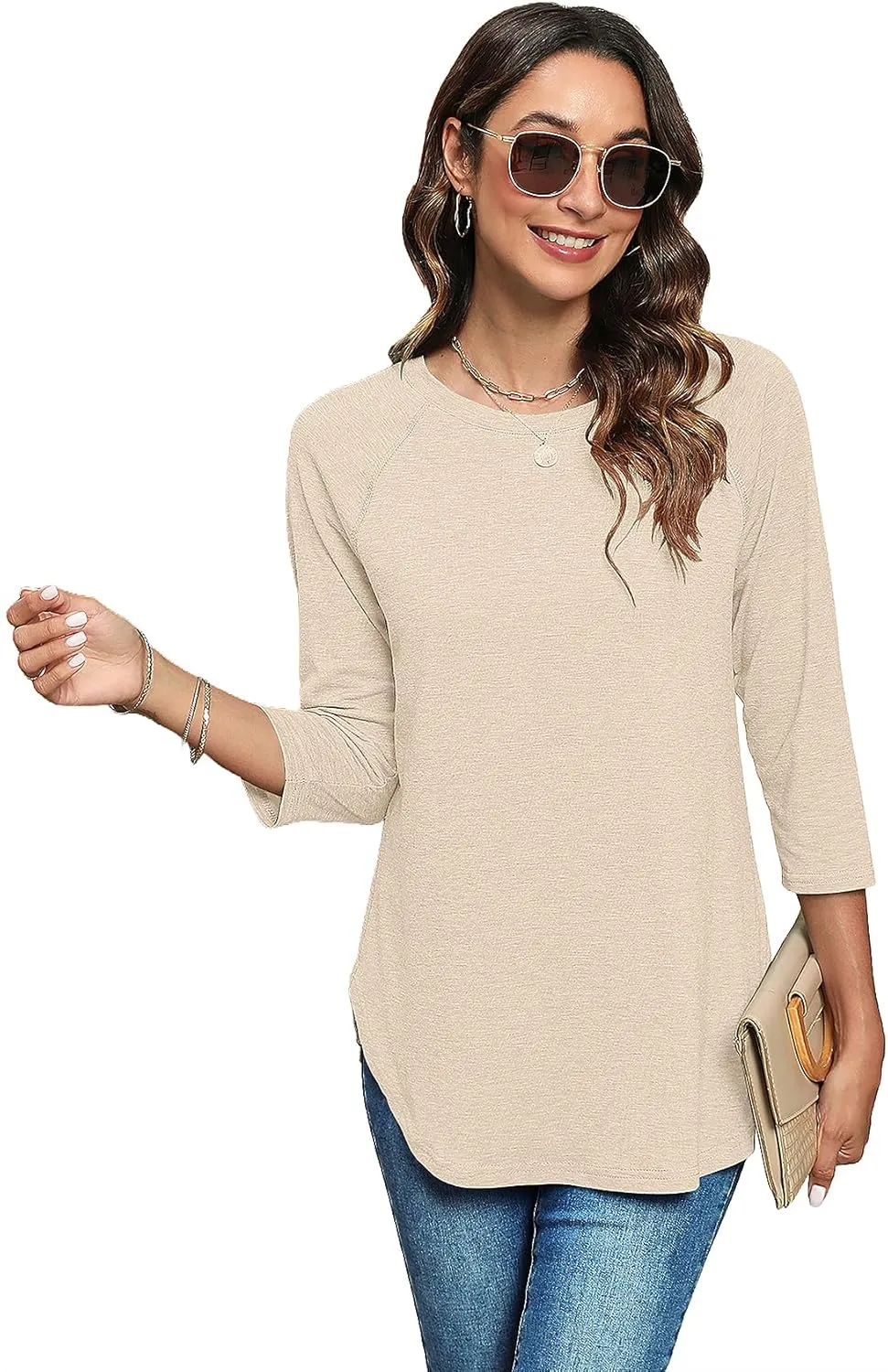 Newchoice Womens 3/4 Length Sleeve Tops Casual Round Neck Basic Tunic Shirts Loose Fit