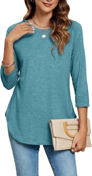 Newchoice Womens 3/4 Length Sleeve Tops Casual Round Neck Basic Tunic Shirts Loose Fit