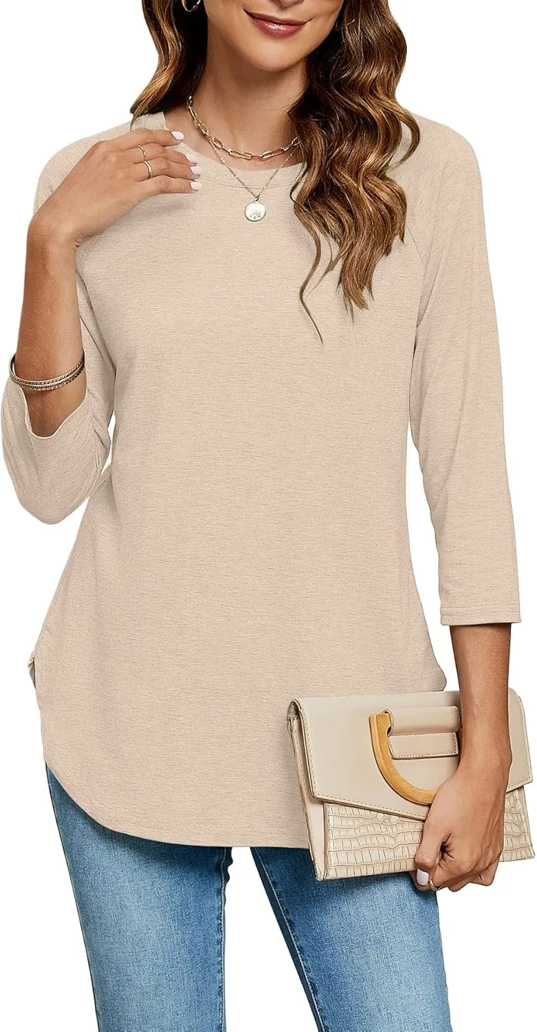 Newchoice Womens 3/4 Length Sleeve Tops Casual Round Neck Basic Tunic Shirts Loose Fit