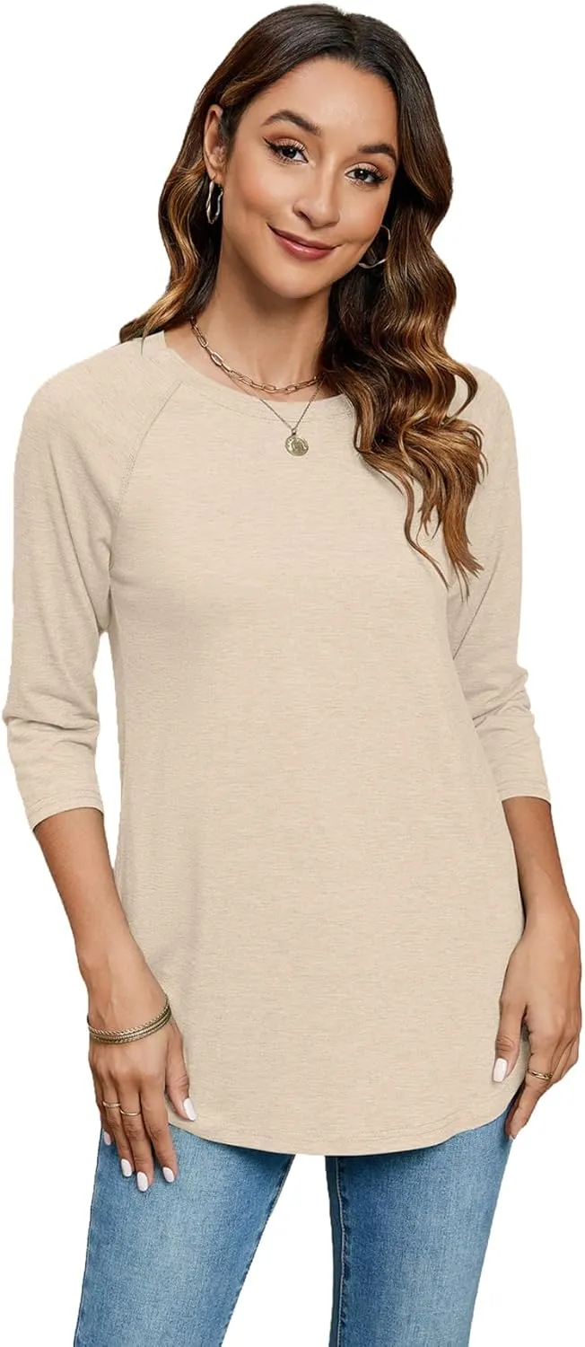 Newchoice Womens 3/4 Length Sleeve Tops Casual Round Neck Basic Tunic Shirts Loose Fit