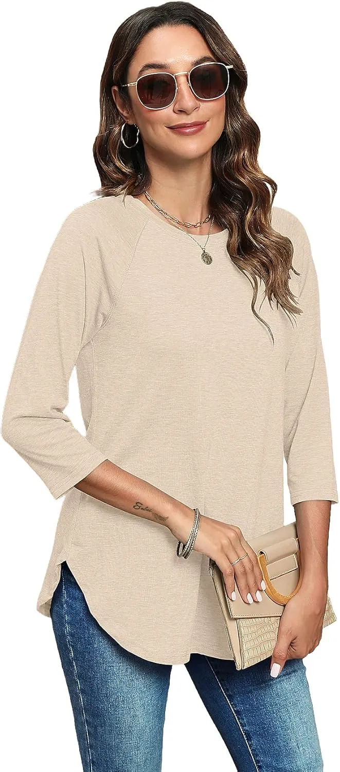 Newchoice Womens 3/4 Length Sleeve Tops Casual Round Neck Basic Tunic Shirts Loose Fit
