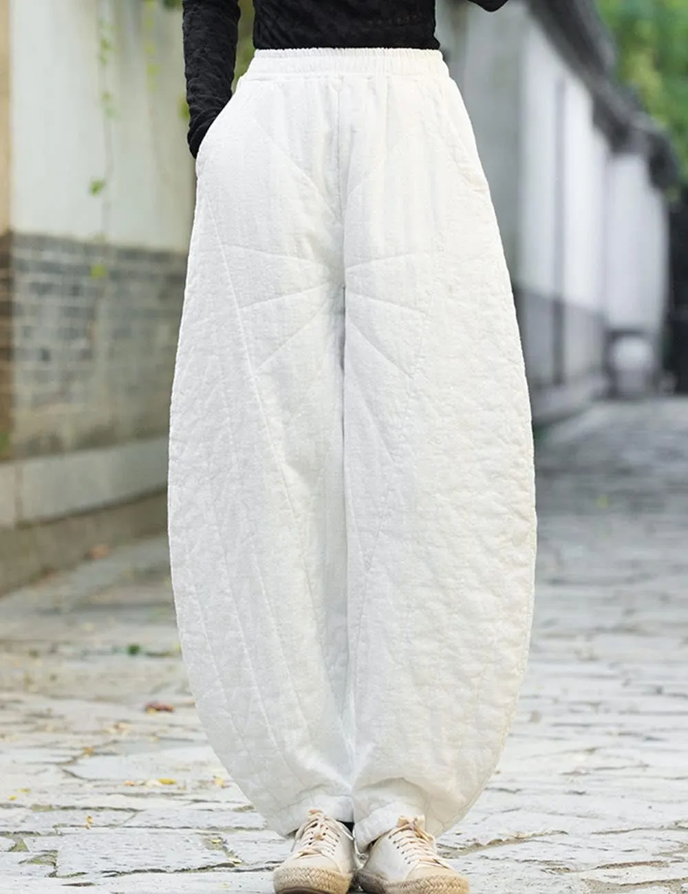 NFYM Women Quilted Pants Winter Warm Thick Cotton Linen Casual Wide Leg Elastic Waist Pocket Lantern Trousers