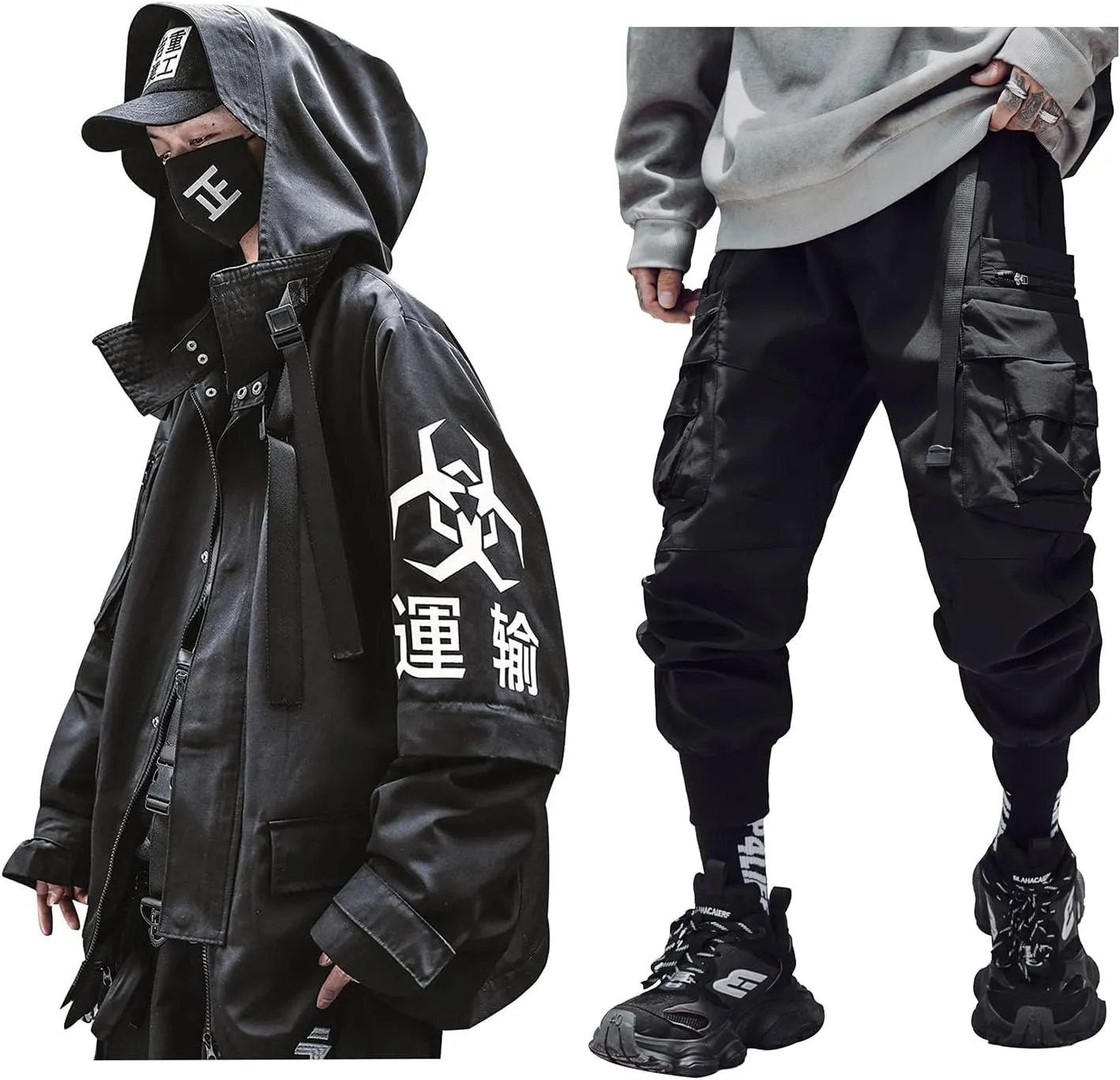 Niepce Inc Japanese Streetwear Zip Up Windbreaker Jacket for Men and Techwear Cargo Pants (3X-Large)