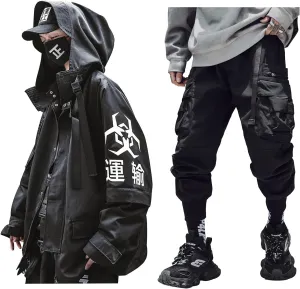 Niepce Inc Japanese Streetwear Zip Up Windbreaker Jacket for Men and Techwear Cargo Pants (Large)
