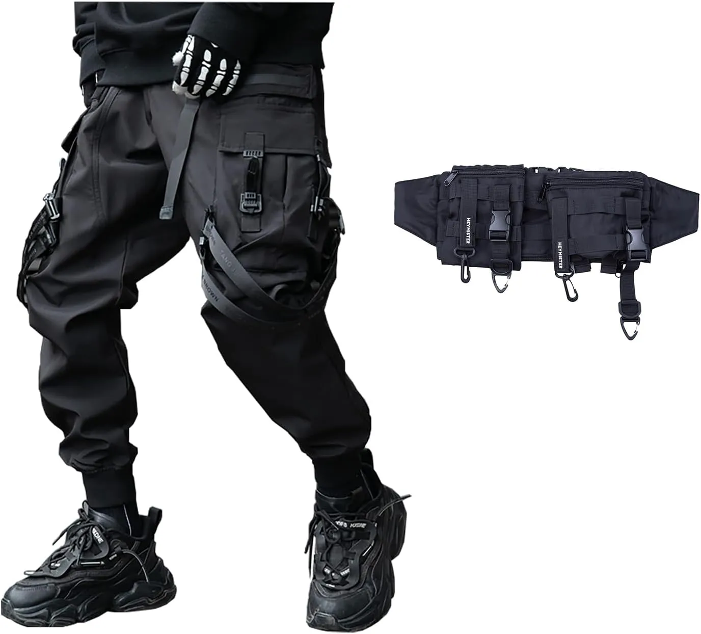 Niepce Inc Streetwear Techwear Jogger Cargo Pants for Men and Cyberpunk Waist Bag (Large)
