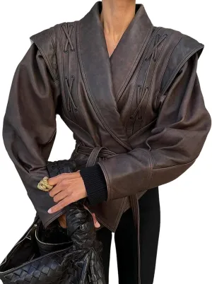 NIFTRIRY Women Leather Jackets Motorcycle Jacket Cropped Brown Fuax Jacket Leather Coat with Belt