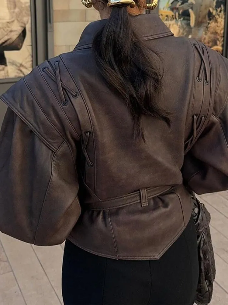 NIFTRIRY Women Leather Jackets Motorcycle Jacket Cropped Brown Fuax Jacket Leather Coat with Belt