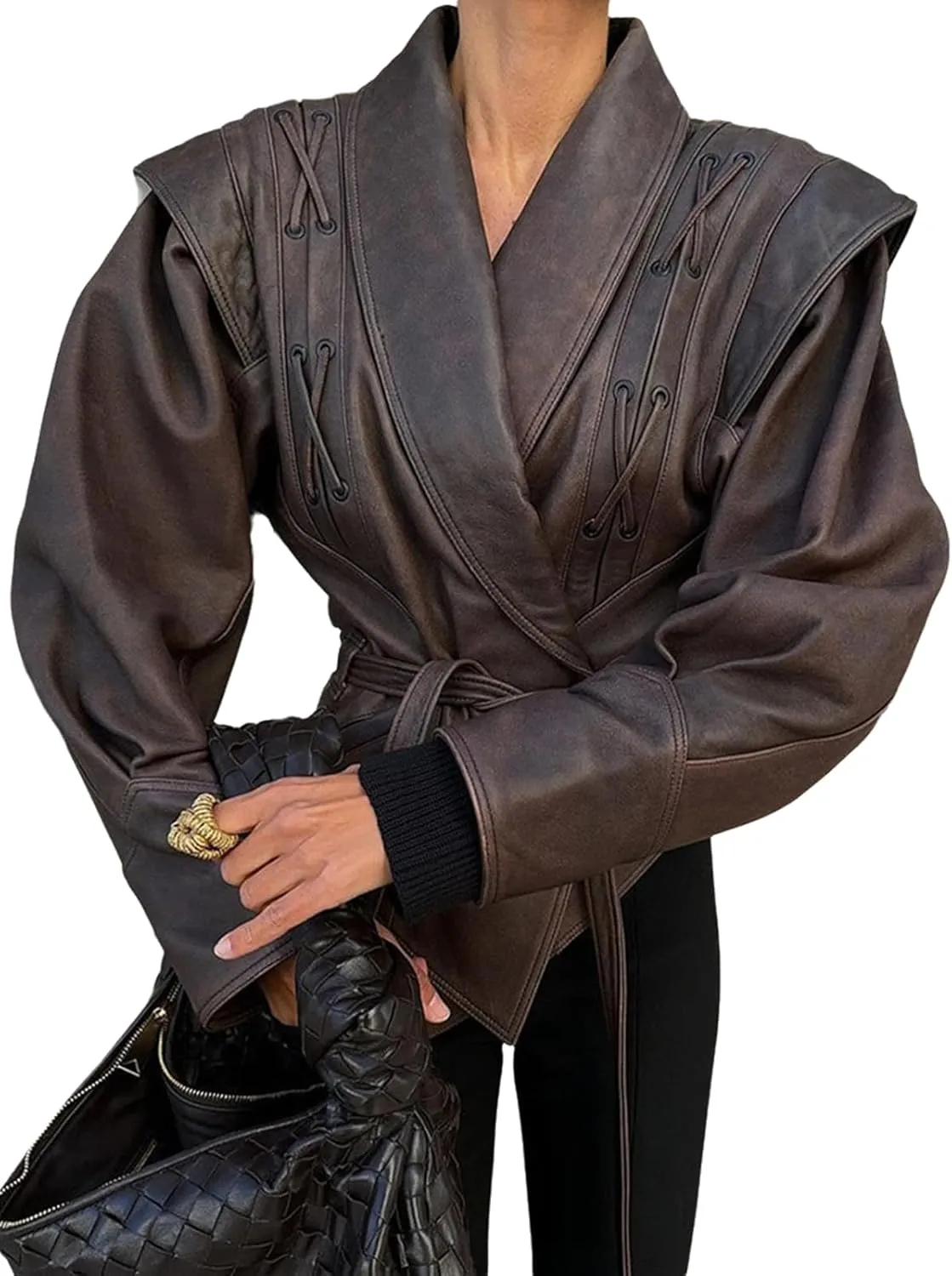 NIFTRIRY Women Leather Jackets Motorcycle Jacket Cropped Brown Fuax Jacket Leather Coat with Belt