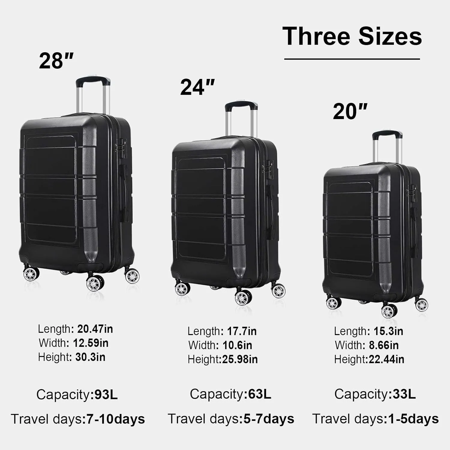 NIUTA 3 Piece Luggage Sets TSA Lock and 20"/24"/28"-Black, 20/24/28