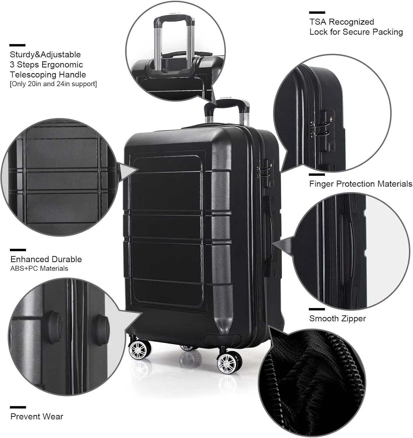 NIUTA 3 Piece Luggage Sets TSA Lock and 20"/24"/28"-Black, 20/24/28