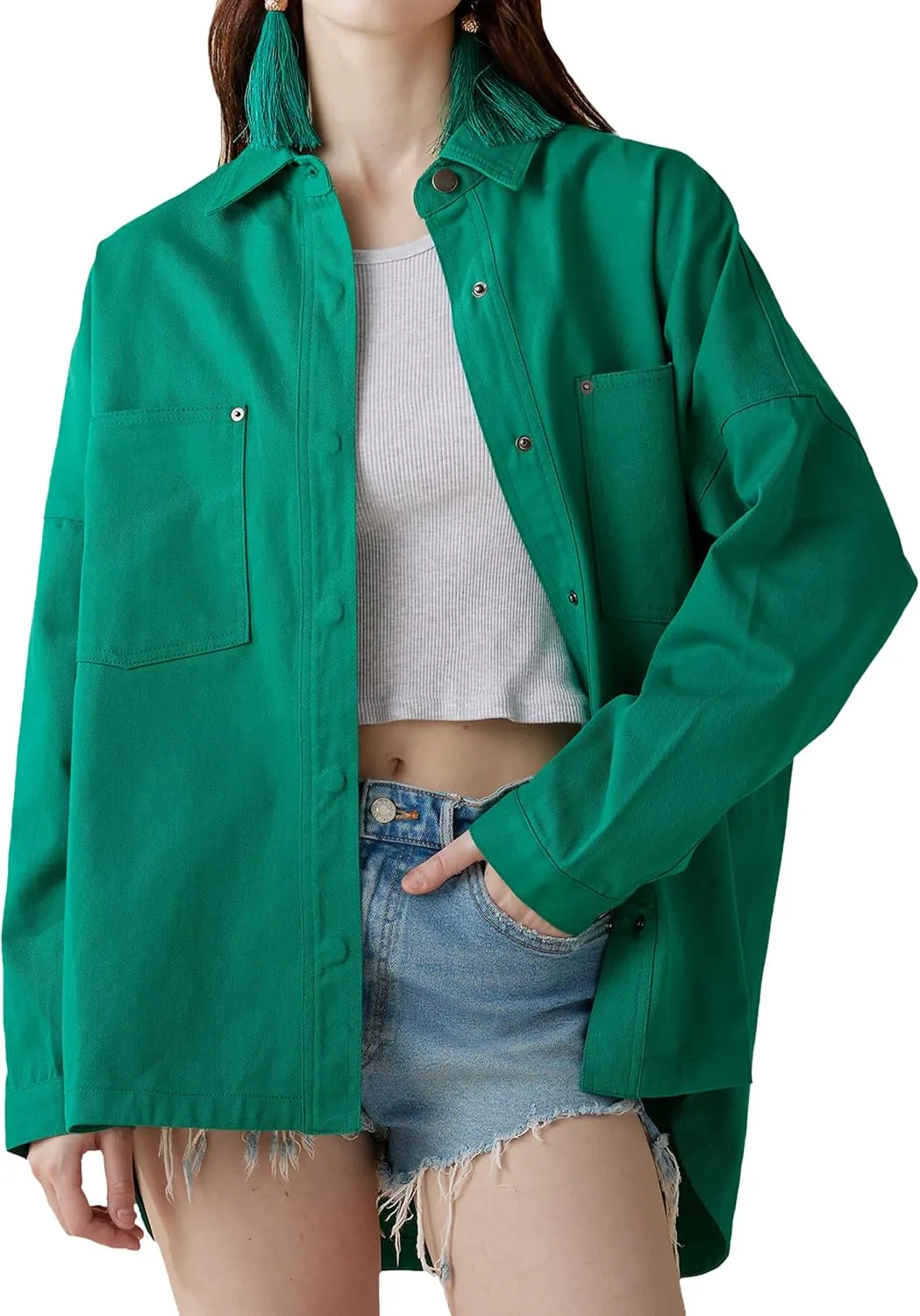 noflik Women's Oversized Button Down Denim Shirt Jacket Shacket Loose Fit