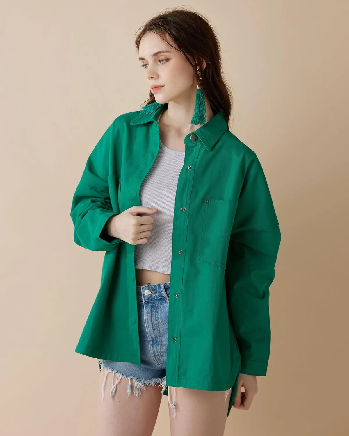 noflik Women's Oversized Button Down Denim Shirt Jacket Shacket Loose Fit
