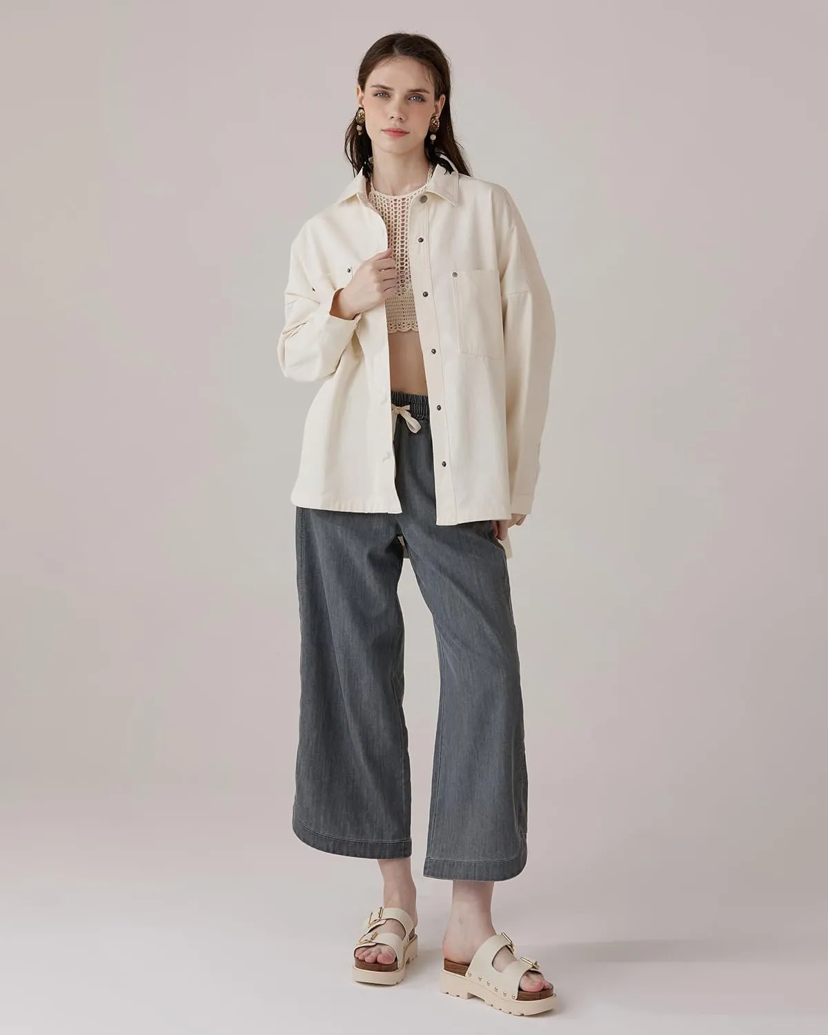 noflik Women's Oversized Button Down Denim Shirt Jacket Shacket Loose Fit