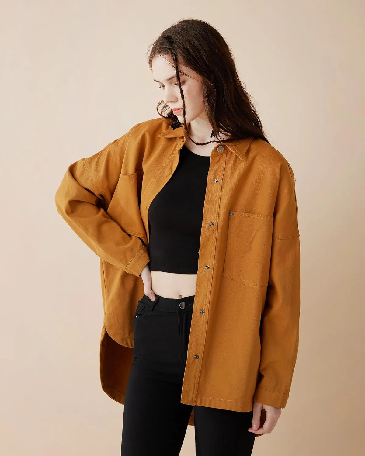 noflik Women's Oversized Button Down Denim Shirt Jacket Shacket Loose Fit