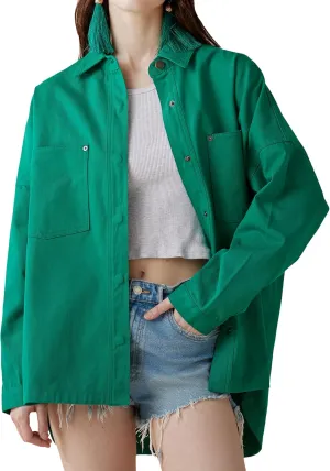 noflik Women's Oversized Button Down Denim Shirt Jacket Shacket Loose Fit
