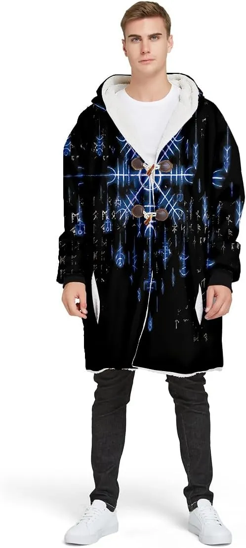 Norse Mythology Vegvisir Viking 3D Print Dream Cloak Thick Warm Hooded Men Overcoat Windproof Fleece Jacket