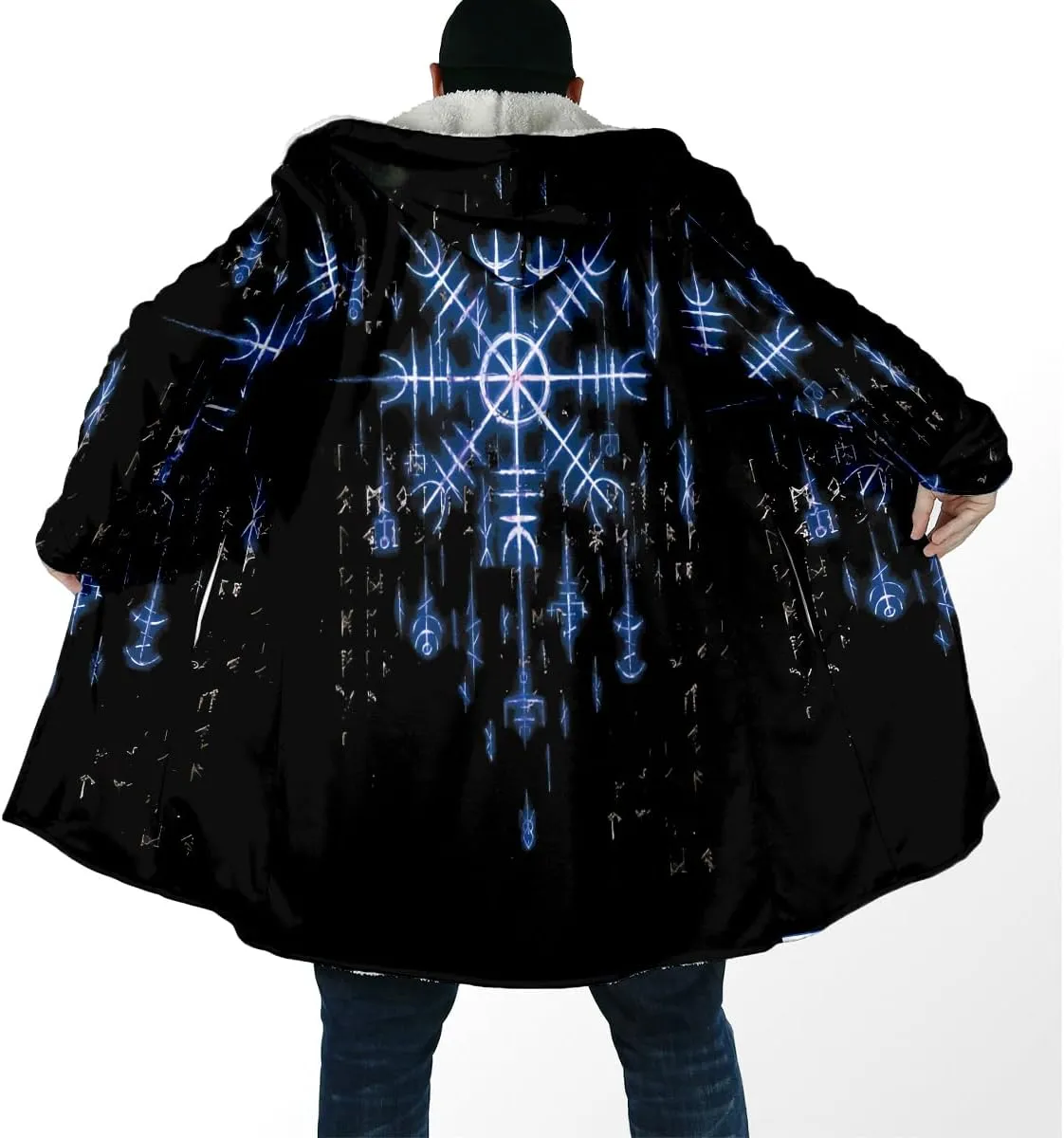 Norse Mythology Vegvisir Viking 3D Print Dream Cloak Thick Warm Hooded Men Overcoat Windproof Fleece Jacket