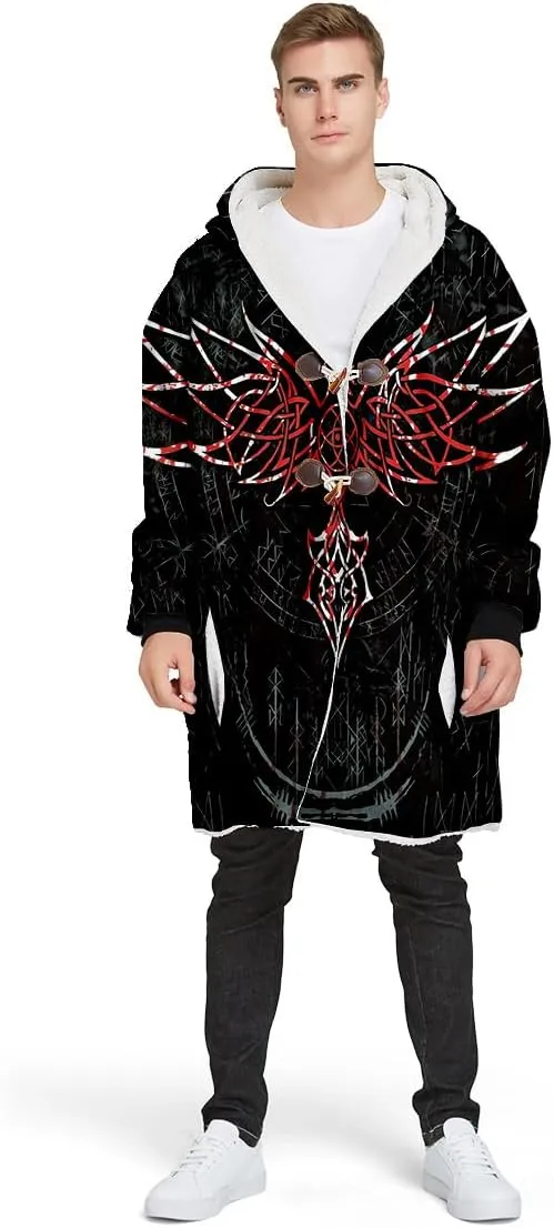 Norse Mythology Vegvisir Viking 3D Print Dream Cloak Thick Warm Hooded Men Overcoat Windproof Fleece Jacket