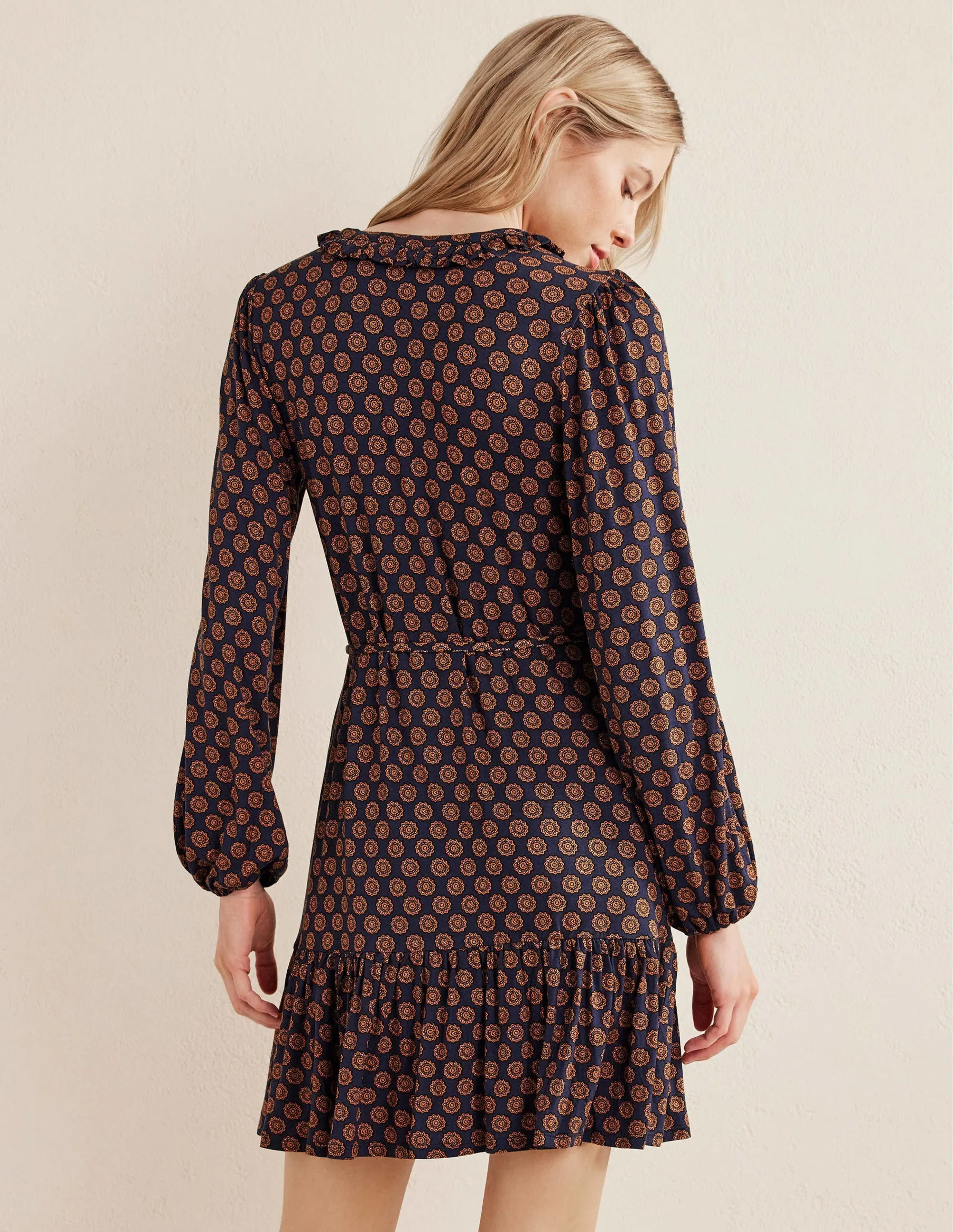 Notch Neck Jersey Dress-French Navy,  Sunflower Geo