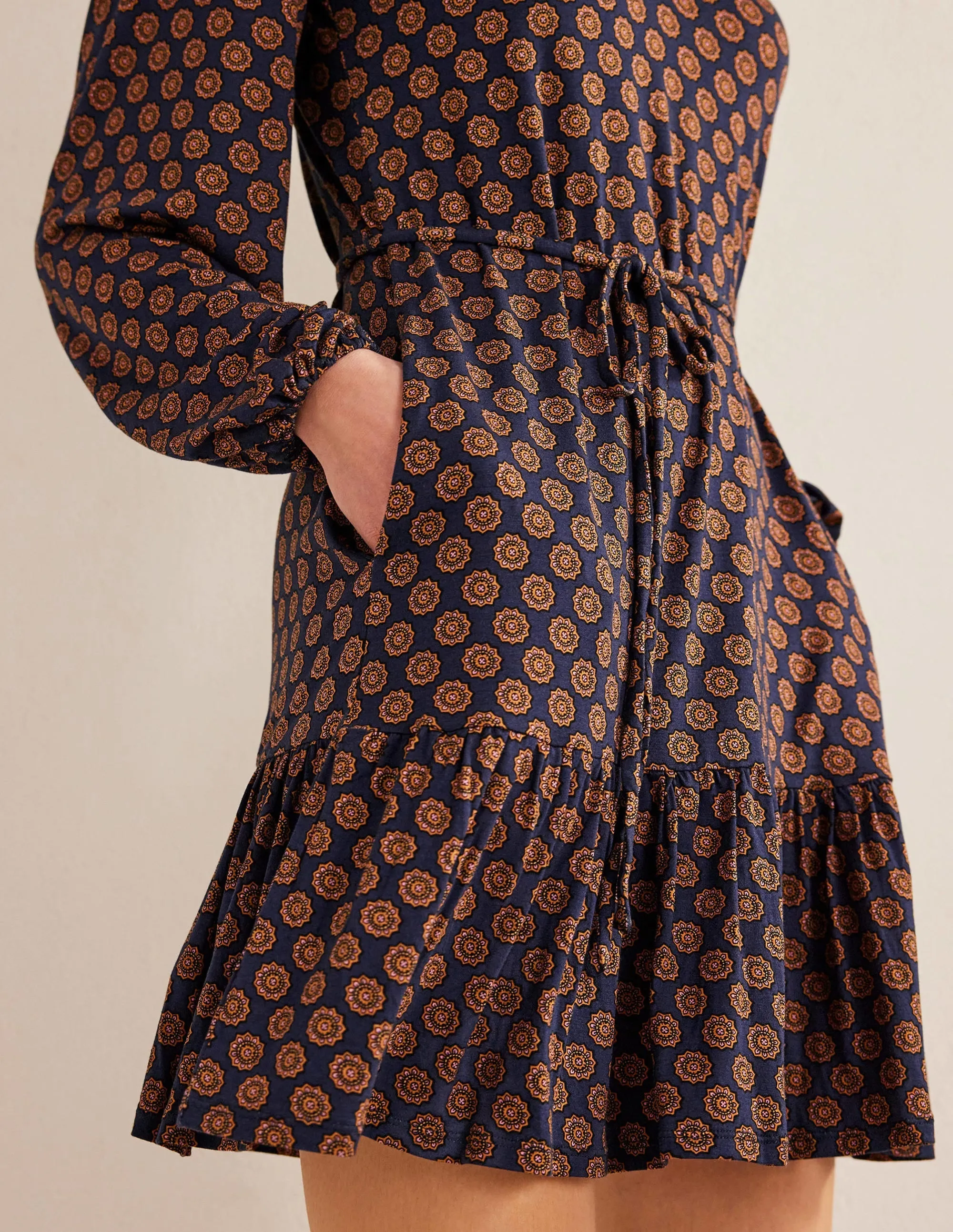 Notch Neck Jersey Dress-French Navy,  Sunflower Geo